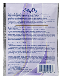 Back of the 1.5 oz Curls Day Curl Defining Cream in a purple branded Mane n Tail packette