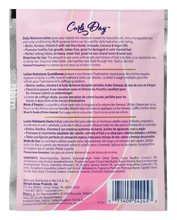 Load image into Gallery viewer, Back of the 1.5 oz Curls Day Daily Moisture Lotion in a pink branded Mane n Tail packette
