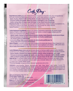 Back of the 1.5 oz Curls Day Daily Moisture Lotion in a pink branded Mane n Tail packette