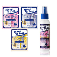 Load image into Gallery viewer, Mane n Tail branded packettes with the Curls Day formula, top left is the pink packette with the daily moisture lotion, in the top right is the purple packette that contains curl defining cream, on the bottom is the yellow packette that contains enhancing smoothie, and the curl refresher spray in the pink branded Mane n Tail bottle
